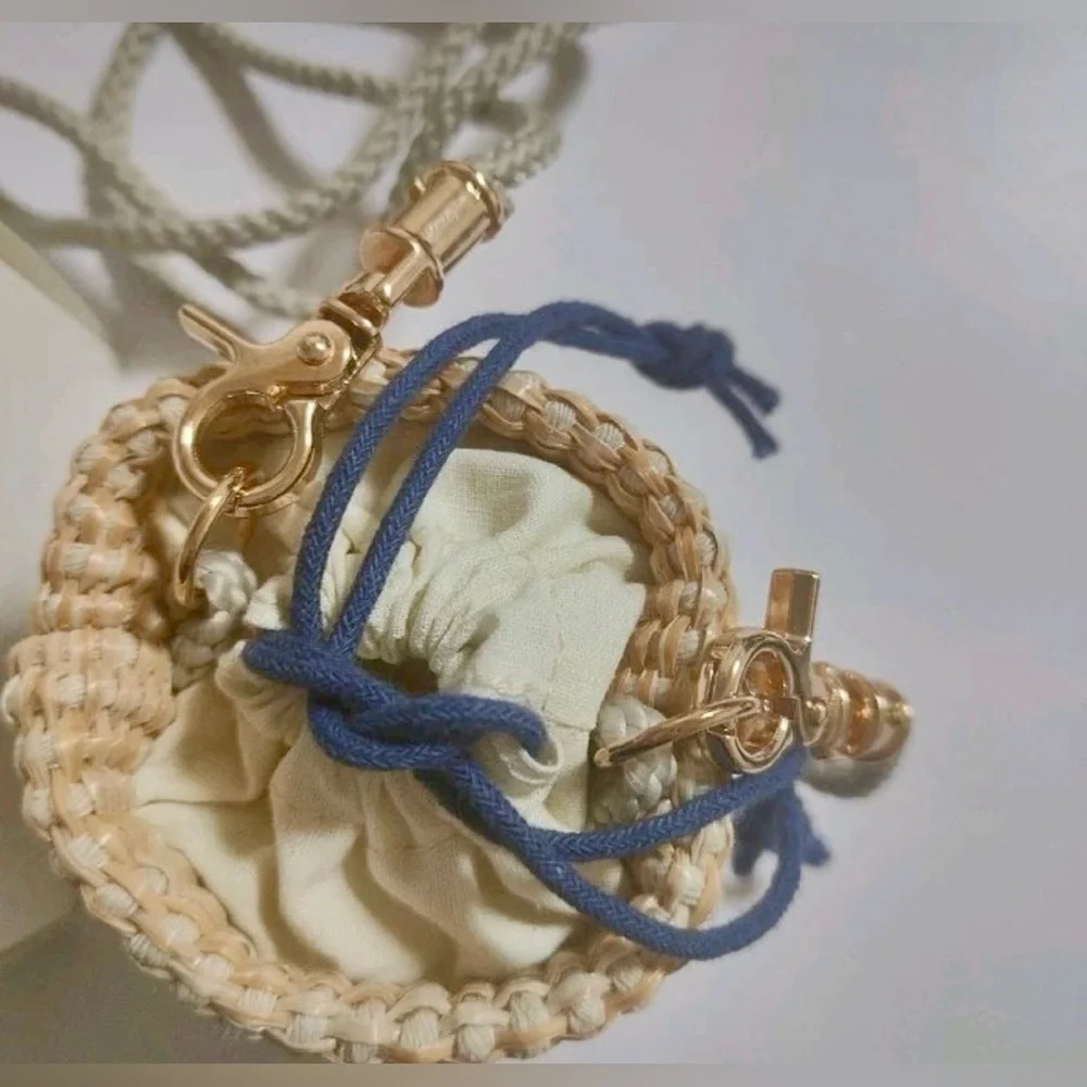 Dior Straw Drawstring Mini Pouch or Mini Bucket Bag in Cream and Blue NWB GWP - Picture 11 of 13